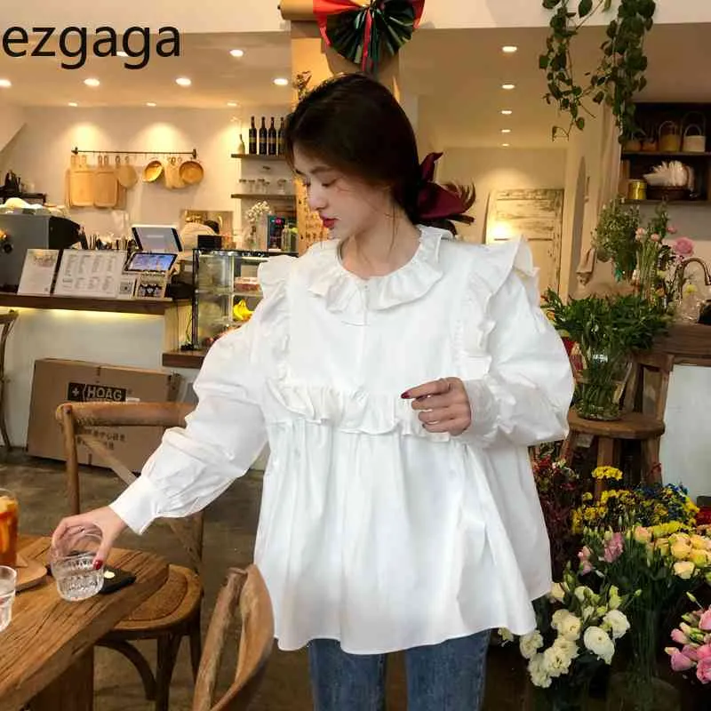 Ezgaga Koreanska Chic Sweet Puff Sleeve Blus Kvinnor Sommar Nya Eleganta Ruffles Solid Loose Girl Fashion T Shirts All-Match 210430