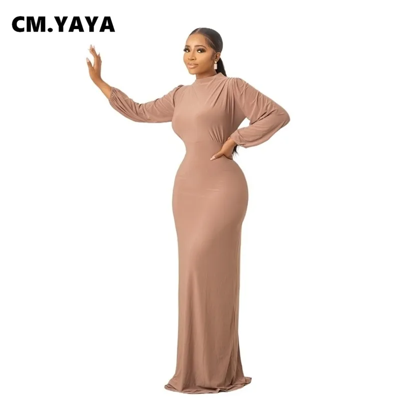 CM.yaya Kobiety Długa Sukienka Solid Pełny Rękaw O-Neck Strechy A-Line Maxi Sukienki Office Lady Vintage Vestidos Casual Strój Lato 211217