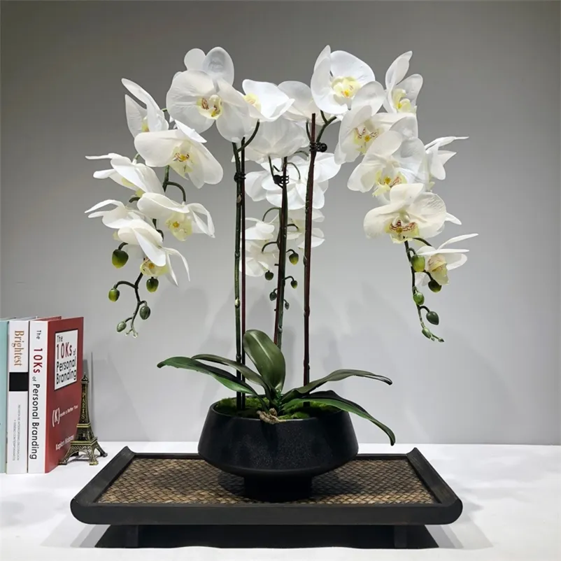 Grande arranjo de flores de orquídea artificial PU toque real sensação de mão piso decoração de mesa para casa buquê de alta qualidade sem vaso 210317