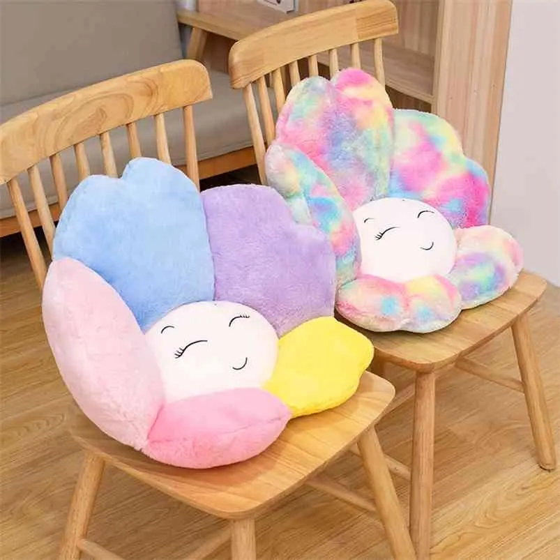 Cuscino del sedile in peluche con faccia di girasole colorato Sedia con fiori a doppio colore arcobaleno farcito per ufficio scolastico per bambini 210728