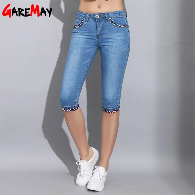 Skinny Capris Dżinsy Kobiety Lato Niebieski Denim Długość Kolana Damska Damska Dot Spodnie Capri Dla Kobiet Jean Femme 210428