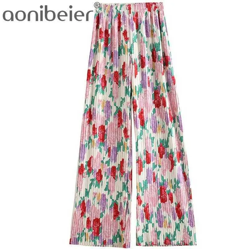 Pantaloni larghi a pieghe larghi con stampa fiori moda estiva Pantaloni lunghi femminili a gamba larga casual a vita alta elastica 210604