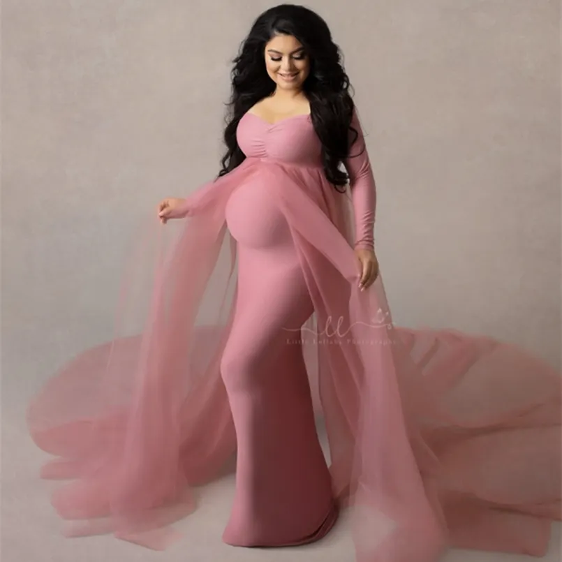 Summer Maternity Tulle Long Dresses Baby Shower Cotton Stretchy Pregnancy Pography with Cape Train 210726