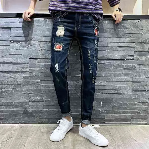 Vår sommar 2020 cowboys hål jeans koreanska slim var tunn elastisk fotled längdskiva kong stil tiggare hål casual pants män x0621