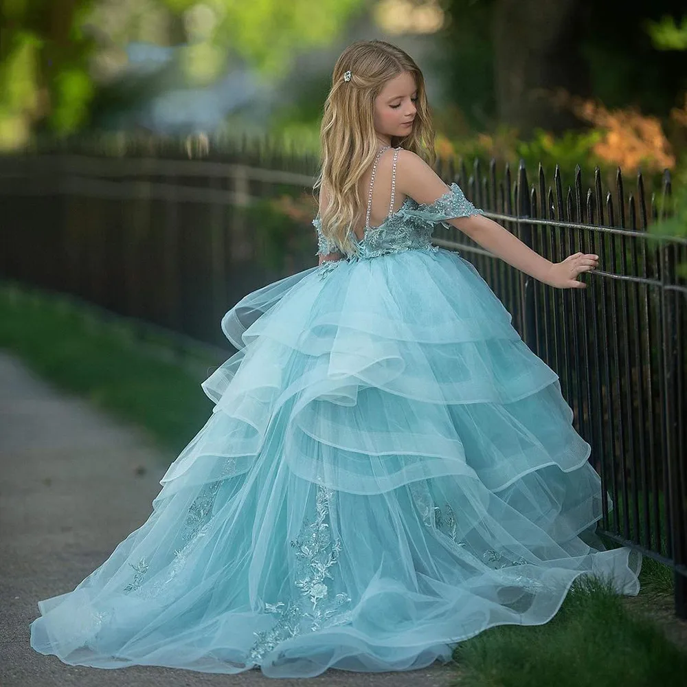 Cute Mint Green Little Girls Pageant Dresses Spaghetti Straps Puffy Tutu Ball Gown Toddler Kids First Communion Gowns Sweep Train Flower Girl Dress