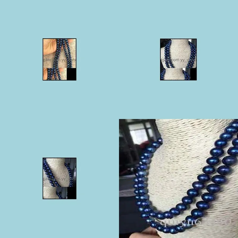 Double Strands 9-10mm Tahitian Blue Round Pearl Necklace 18inch 19inch 14k Gold Clasp