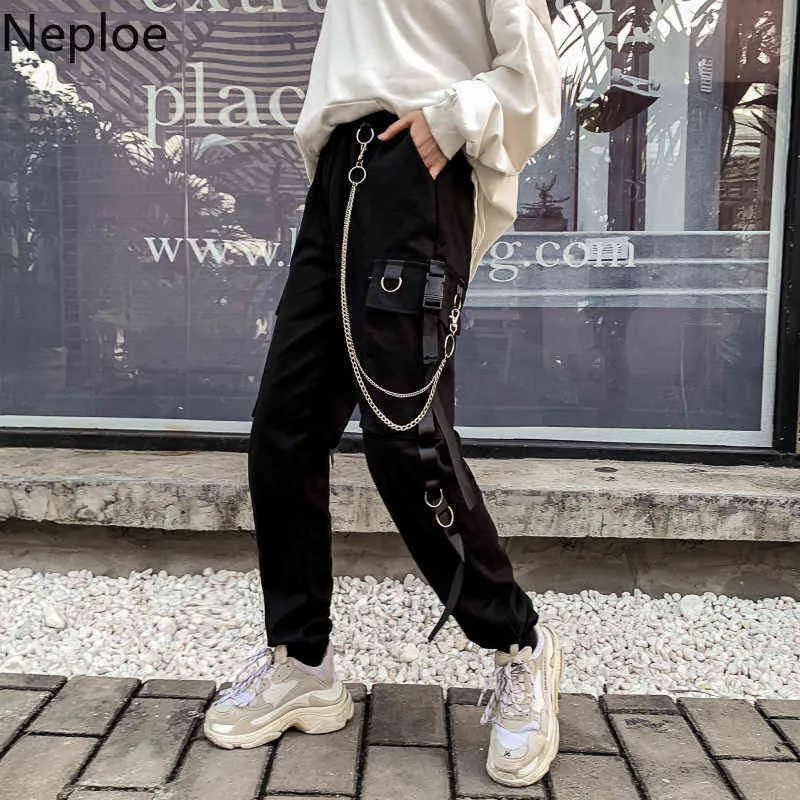 Neploe Women Men Cargo Pants Harajuku Chain Pockets Ankle Trousers High Waist Hip-hop Punk Black Harem Streetwear Sweatpants 211124