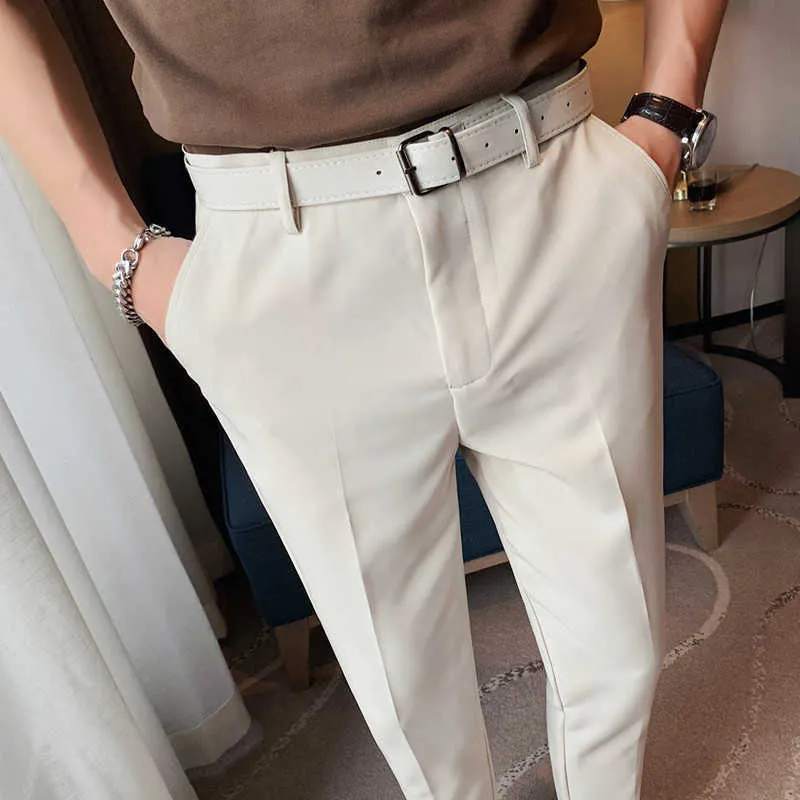 Business Dress Pants Casual Fit Trousers Korean Solid Color Ankle Length Office Social Suit Pants Free Belt Pantalon Homme 210527