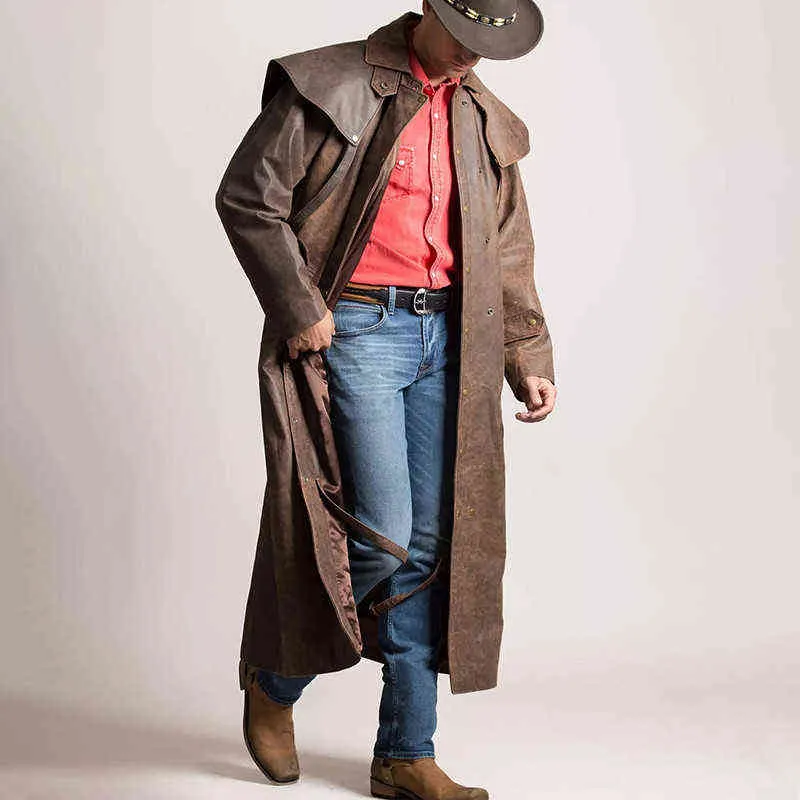 Men's Vintage Leather Trench Coat - Fashionable Cowboy-Inspired Long Jacket  with Lapel Collar, Motorcycle & Windbreaker Features