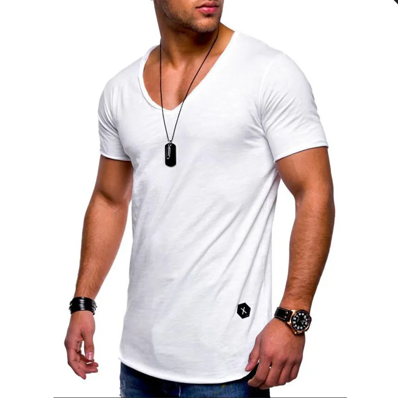nuova maglietta da uomo con scollo a V fitness bodybuilding maglietta high street estiva a maniche corte con cerniera top in cotone casual