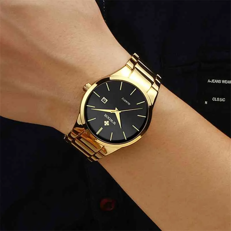 Uhren hombre WWOOR Gold Uhr Männer Luxus Herren Quarz Armbanduhr Business Uhr Edelstahl Wasserdicht Auto Datum Uhr 210329