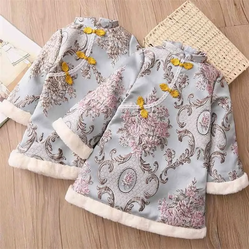 Girls Winter Cheongsam Year 2-10 Years Embroidery Plus Velvet Ethnic Chinese Tang Style Thickening Kids Baby Girl Dress 210701