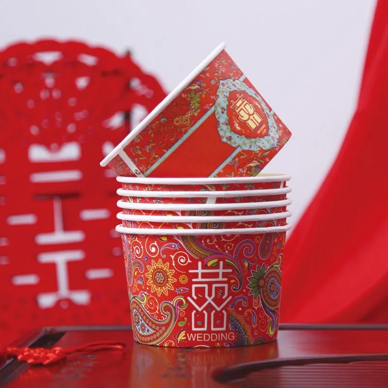 Tek kullanımlık yemek takımı 100pcs/paketi Çin geleneksel 480ml düğün kase kağıt yuvarlak ev mutlu malzemeler