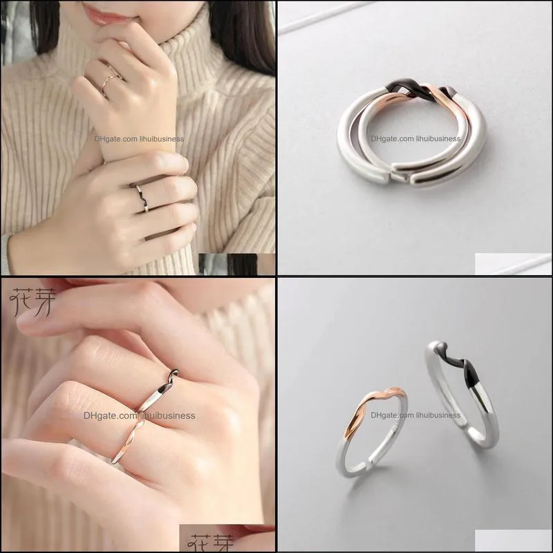 Thaya Winding Design Finger Ring s925 Silver Black and Rose Gold Simple Couple Interlocking Rings for Women Elegant Jewelry Y0122