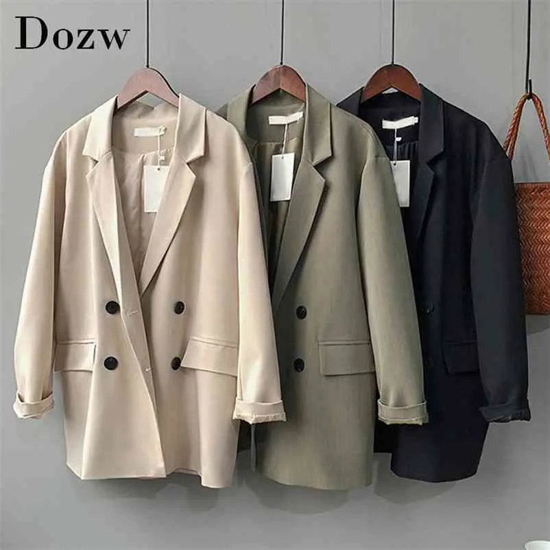 Elegant Solid Office Blazer Women Double Breasted Fickor Outwear Jacka Lossa Casual Långärmad Ladies Coat 210515