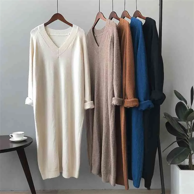 V-Neck Pullover Lazy Wind Sweater Medium Long Knitted Dress Women's Casual Solid Color Base Fashion Skirt Female 210520