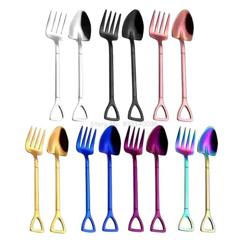 Dessert Spoon Shovel Form Gafflar 304 Rostfritt Stål Glass Gaffel Kaffe Skedar Desserter Vattenmelon Tortering TeSpoon Stirring Set WLL509