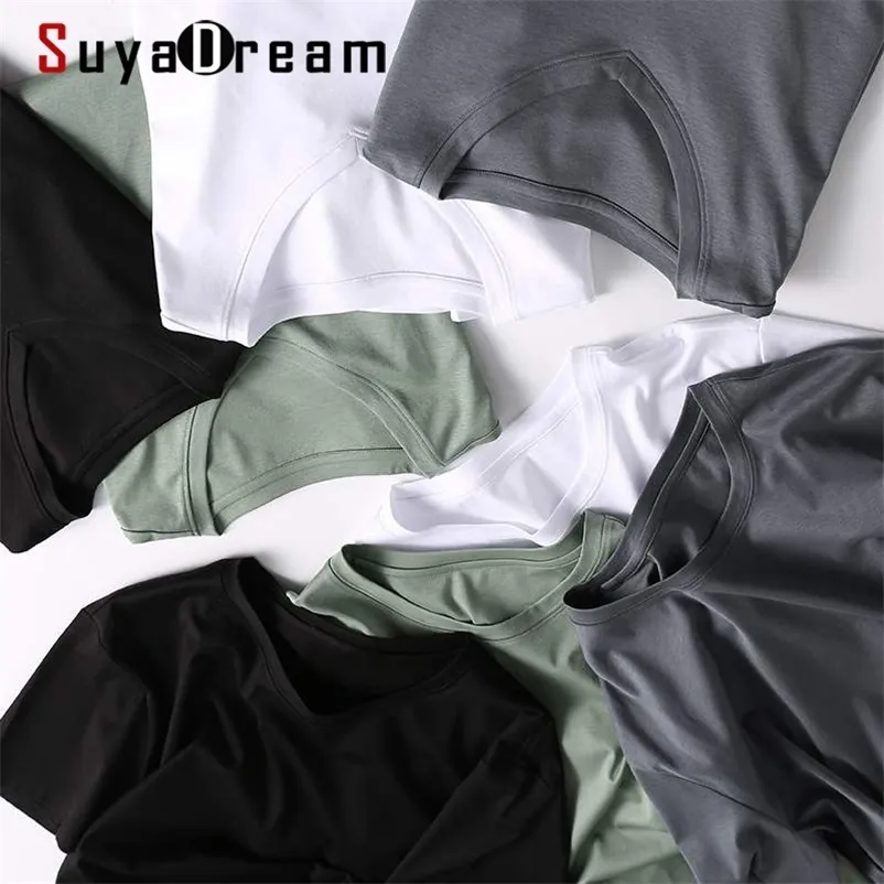 SuyaDream мужские сплошные футболки хлопчатобумажные и шелковые микс простые рубашки с короткими рукавами лето базовый топ 210726