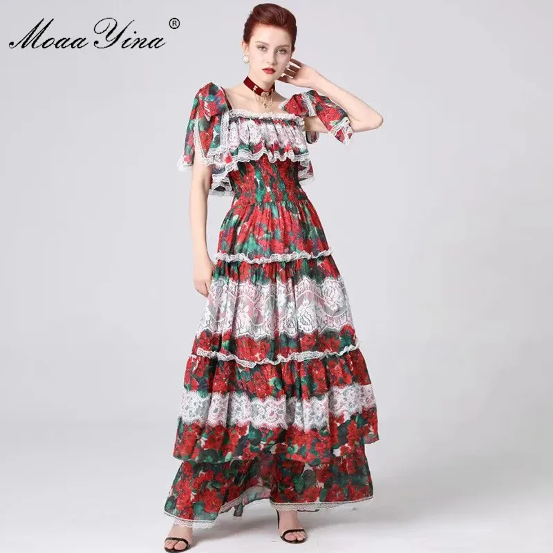 Mode Designer Runway Dress Spring Summer Women Dress Spaghetti Strap Floral-Print Ruffles Lace Maxi Klänningar 210524