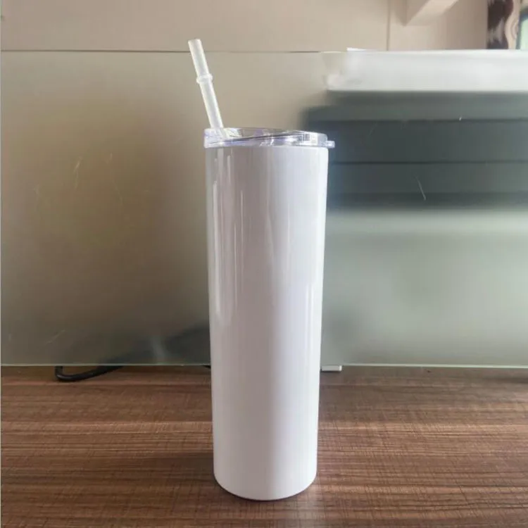 Entrepôt américain 20OZ gobelet à sublimation droite tasse maigre bricolage blanc vide tasses à eau avec couvercle en plastique paille en acier inoxydable bouteille d'eau