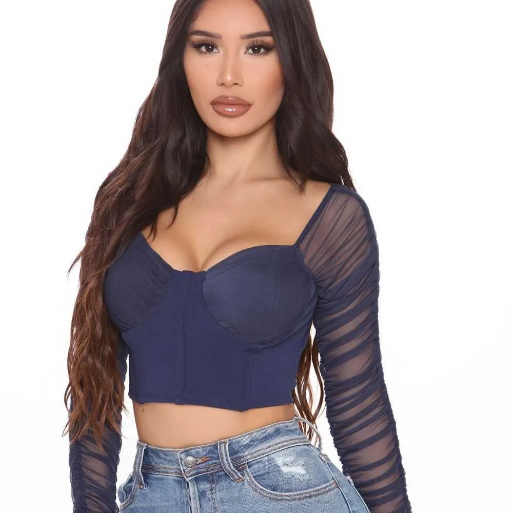 Romântico veja embora colhido colhido corset top mulheres elegante malha manga férias colheita skinny tshirt casual streetwear fêmea 210709