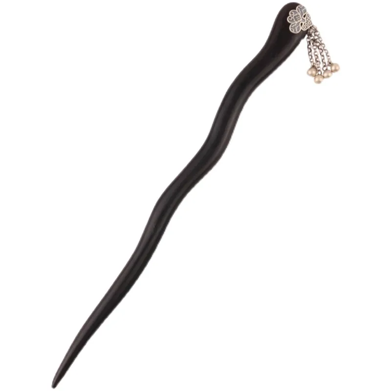 Ebony Hairpin Inlaid 925 Sterling Silver Children's Simple Ancient Style Tassel Literary Modern Hair Jewelry Headdress