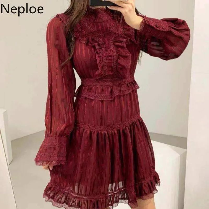 Neploe Dresses for Women Lace Ruffles Patchwork A-Line Dress Stand Neck Long Sleeve High Waist Slim Red Sweet Vestidos Mujer 210422