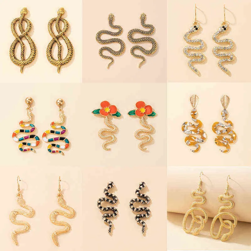 Toona Nova Snake Trendy Snak Dangle Brincos para Mulheres Rhinestone Brilhante Oco Geoemtric Liga De Metal Party Jóias G220312