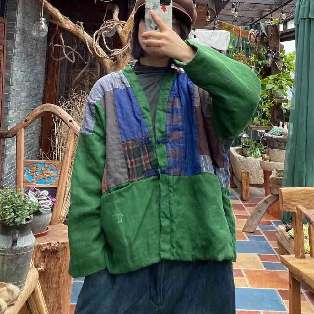 Johnature mulheres retalhos vintage algodão linho parkas botão v-pescoço casacos primavera estilo chinês solto verde parkas 210521
