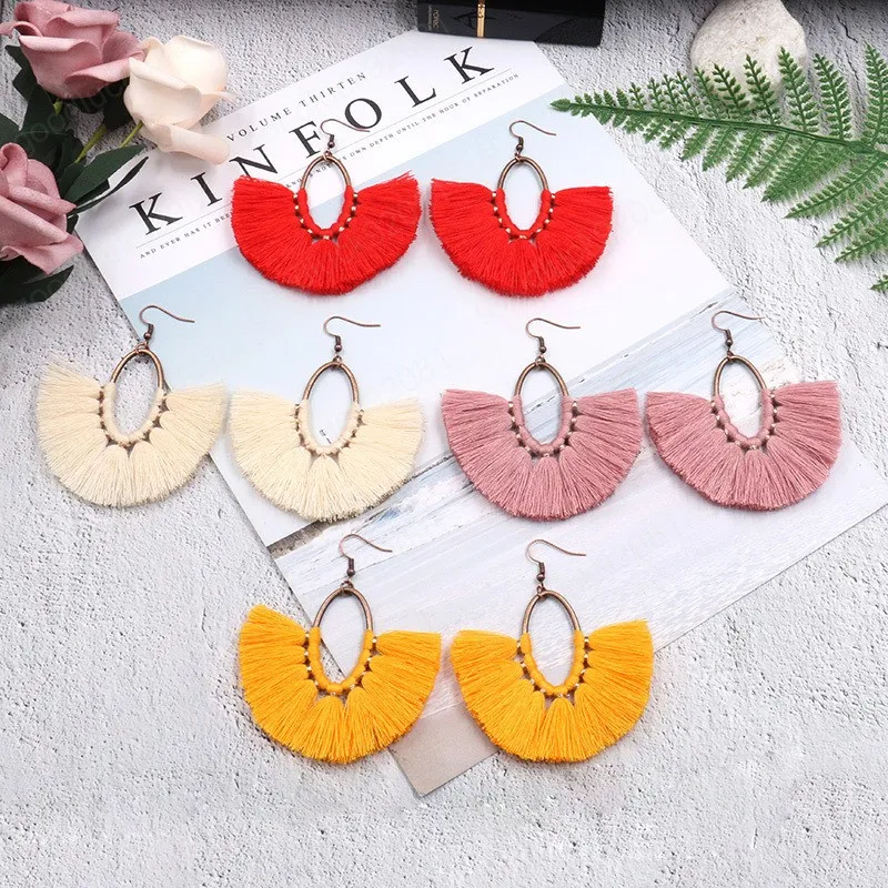 Mode femmes en forme d'éventail à franges boucle d'oreille femme bohème déclaration bijoux Boho Handmede boucles d'oreilles rondes pour femme cintres