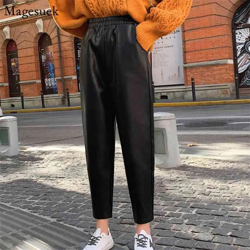 Autumn Winter Black PU Leather Pants Women Plus Size Elastic Waist Faux Harem Streetwear Trousers 12088 210512