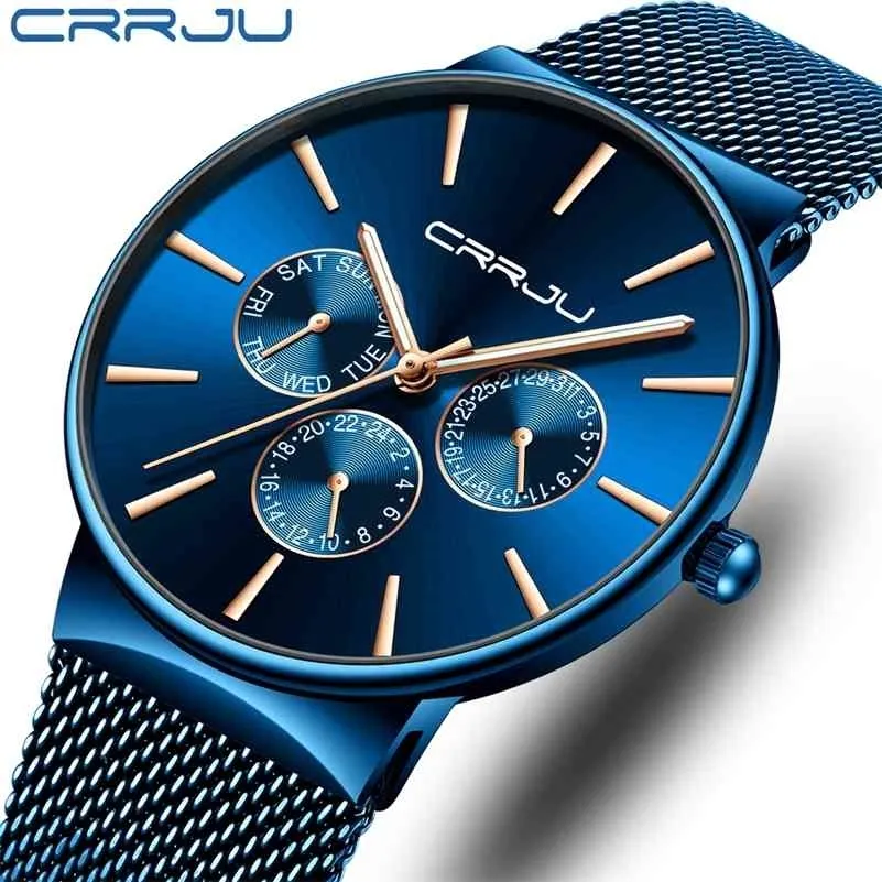 Reloj Hombre Crrjuメンズブルーウォッチクロノグラフ超薄型ファッション腕時計男性男性メッシュストラップカジュアルクォーツ時計210517