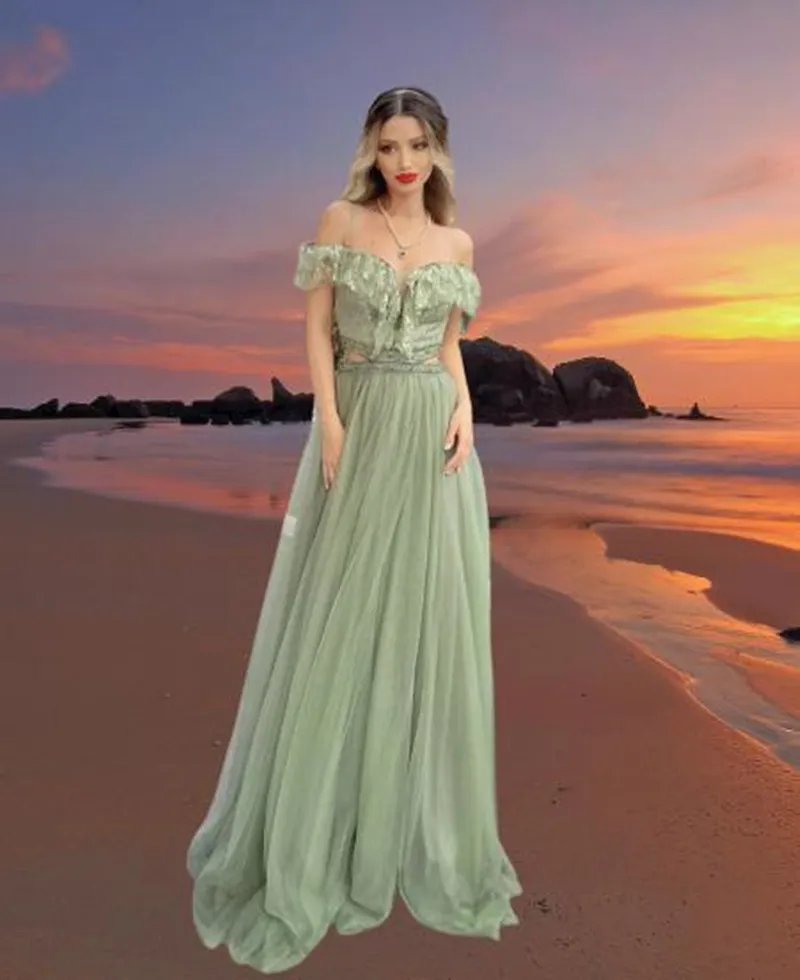 2022 New Light Sage Green Tulle Prom Dresses With Lace Cascading Ruffles Off Shoulder Long Evening Gowns Robe de soiree