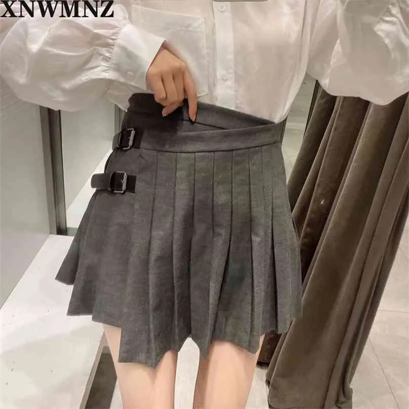 women box pleat High-waist mini skirt Side fastening with contrast buckles and inside button Sexy vintage skirts 210520