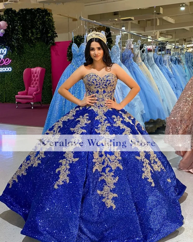 Royal Blue Sequined Quinceanera gold wedding dress with Lace Applique and Laces-Up Corset - Perfect for Sweet 16 and Xv Proms Royal Blue Sequined Quinceanera gold wedding dress with Lace Applique and Laces-Up Corset - Perfect for Sweet 16 and Xv Proms