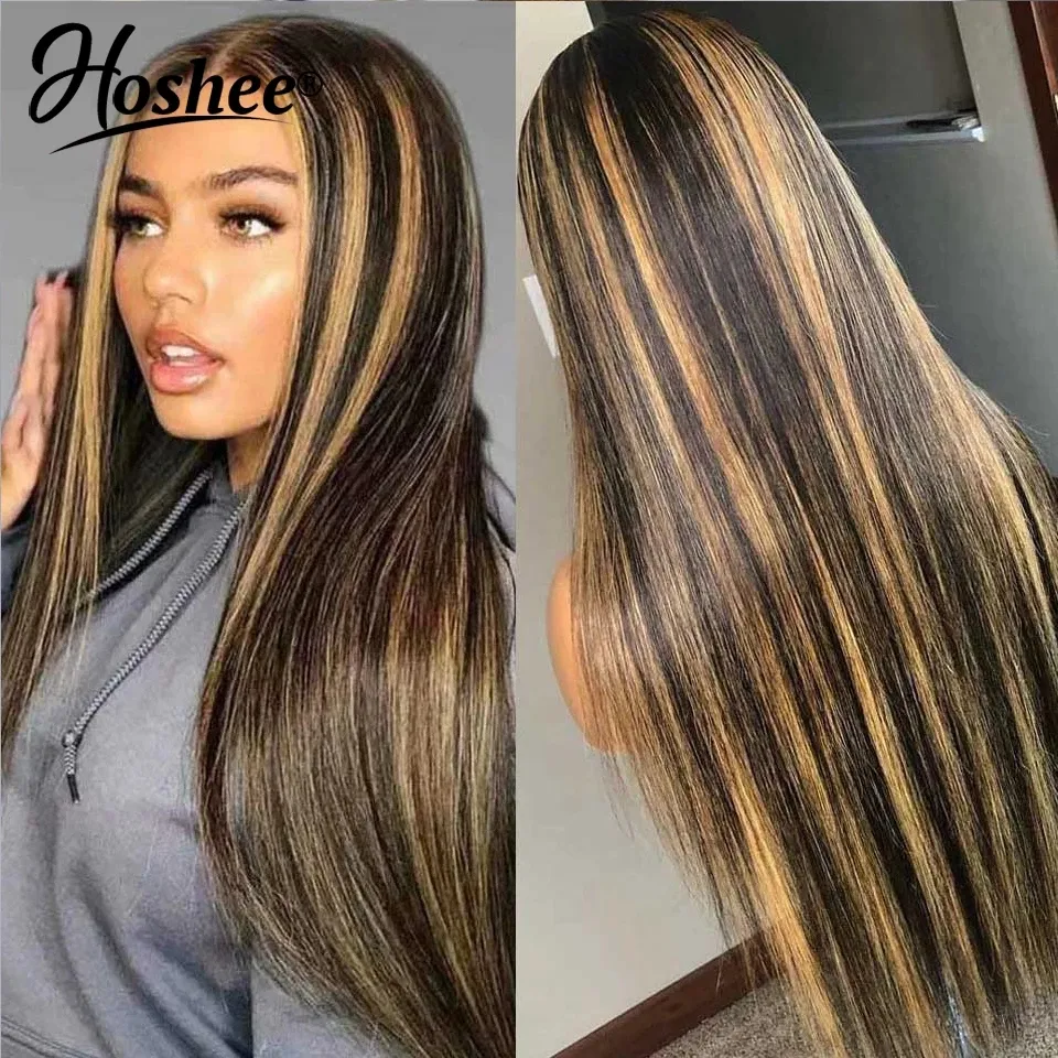 Hoogtepunt Bruin Gemengd Blonde Menselijk Haar Braziliaanse Ombre Pruik Straight Geen Lace Front Synthetische Pruiken voor Dames Daily Cosplay Party