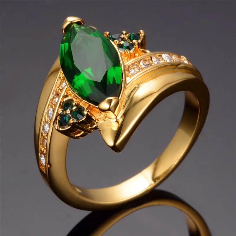 Anéis de casamento Luxo Feminino Verde Cristal Anel de Pedra Vintage Ouro Amarelo Fino Para As Mulheres Charm Folha Zircon Engagement