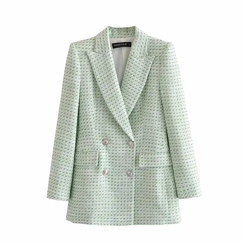 Elegante luz verde dupla breasted tweed mulheres blazer jaqueta vintage casaco longo casaco escritório senhora moda outwear 210521