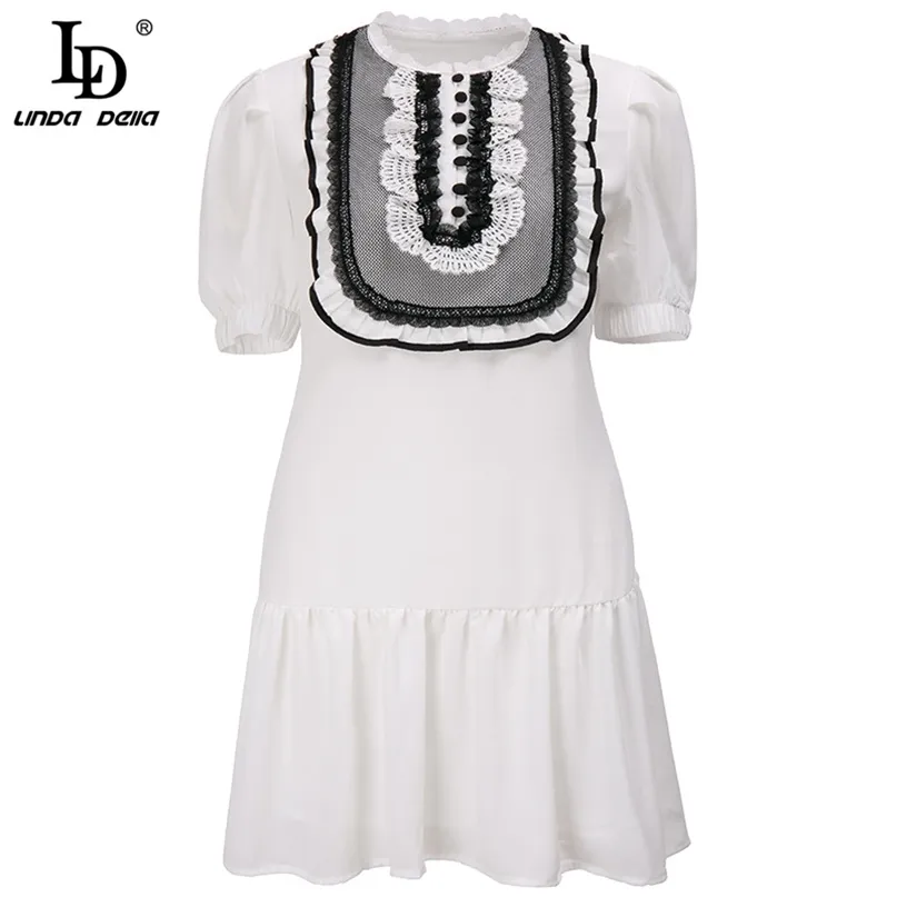 Projektant mody Summer Słodka sukienka Kobiety Krótki Rękaw Luksusowy Czarny Koronki Patchwork Wzburzyć Vintage Mini 210522