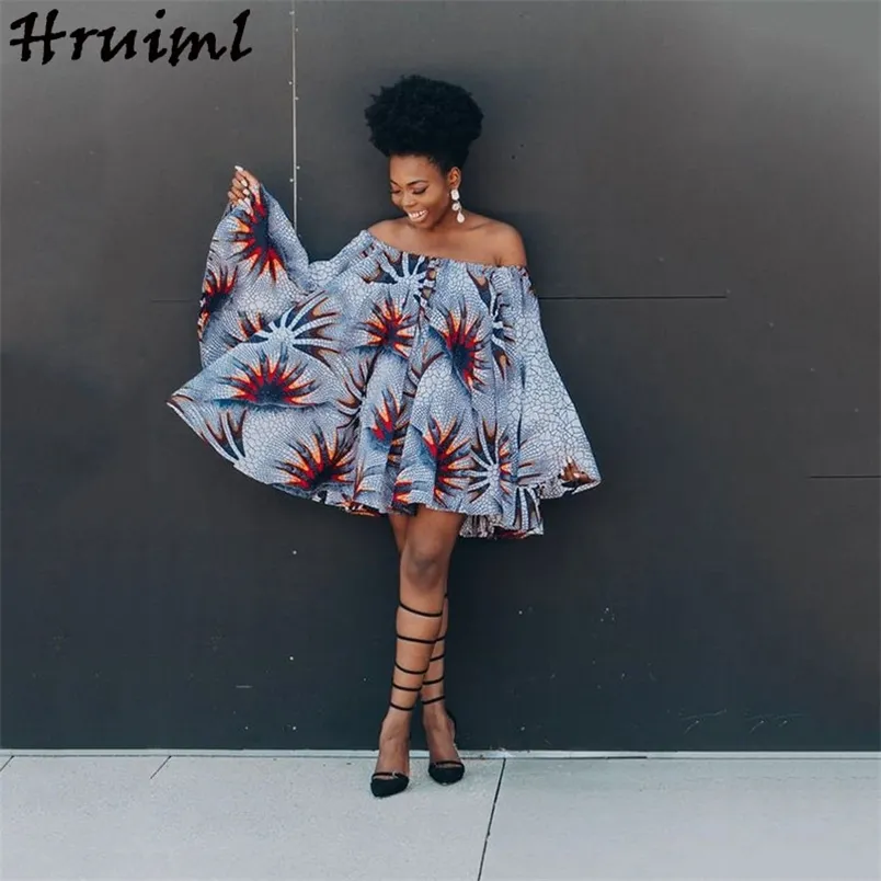 Fashion Flare Sleeve Women Dress Loose Africa Style Printting Strapless Sexy Elegance Summer For Streetwear 210513