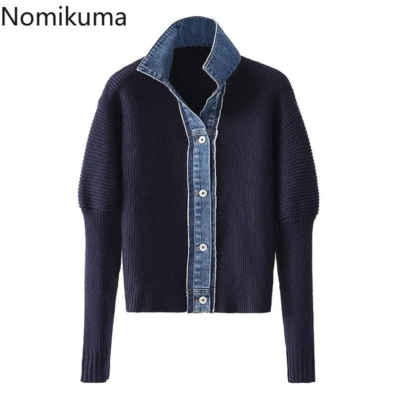 Nomikuma Cardigan Tröja Kvinnor Höst Vinter Knitwear Koreanska Demin Patchwork Stickad kappa Avstängning Krage Jacka 6d340 211011