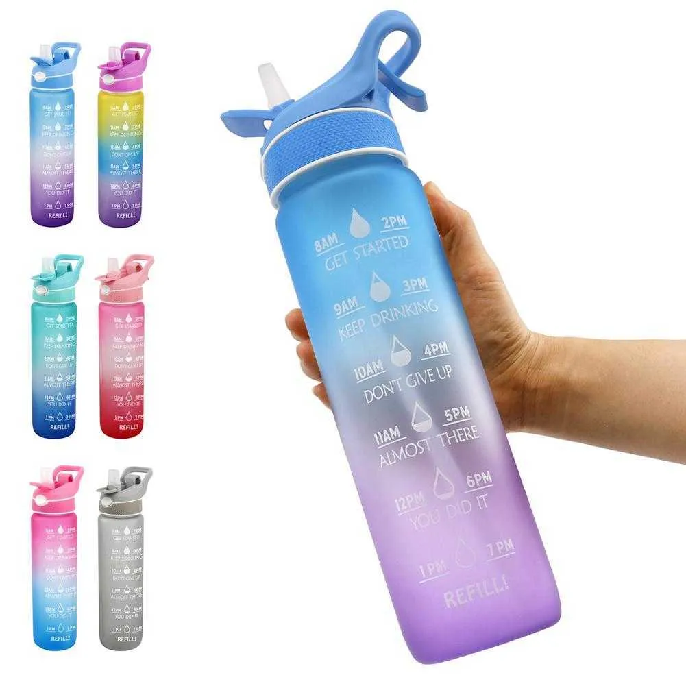 Bottiglia d'acqua sportiva 1000ML Spray Cannuccia Tazza spaziale con scala temporale Copertura di rimbalzo Ciclismo Brocche per fitness Bottiglia senza BPA Bicchieri Y0915