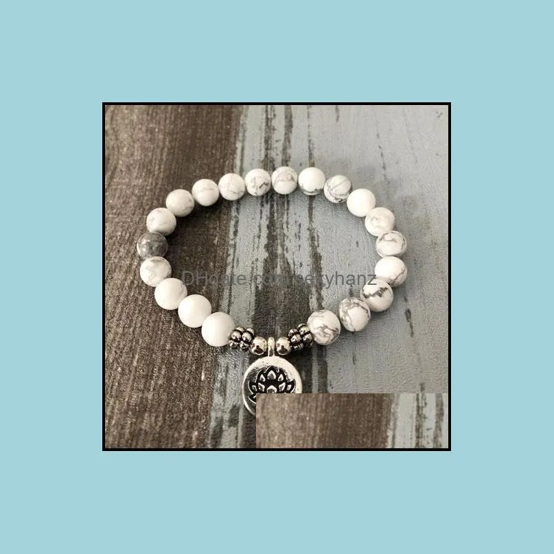 Tennis Men Women Mala OM Bracelets Lotus Buddha Yoga Charm Wrist Howlite Beaded Boho White Jewelry