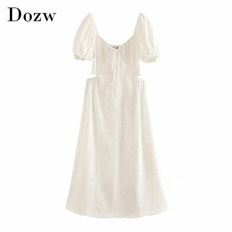 Summer Cotton White Dress Women Bow Tie Loose Midi es Lady Hollow Out Backless Chic Knee Length Sundress 210515