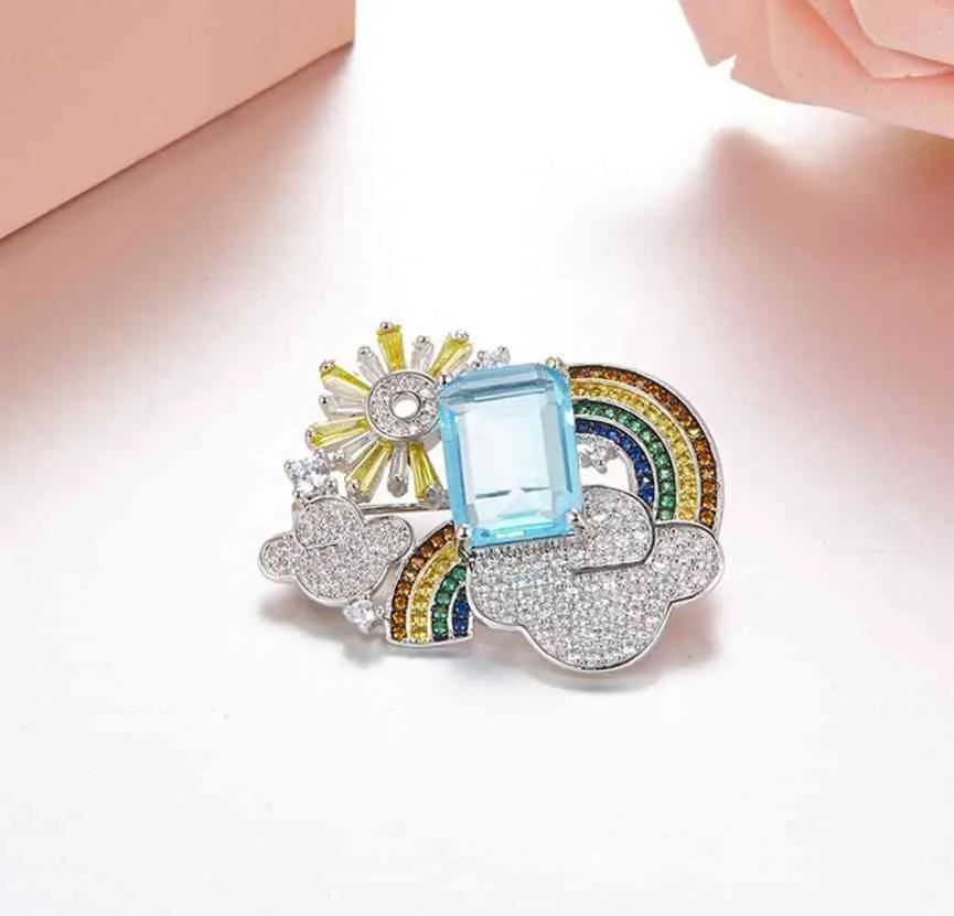 925 Sterling Silver Luxury Rainbow Cute Colorful Sun Cloud Zircon Women Brooch Pin Jewelry Blue Square Stone