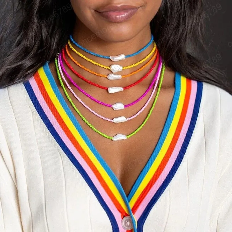 Gargantilla de perlas de verano para mujer, collar bohemio hecho a mano con cuentas de colores, collares de clavícula, accesorios de joyería para fiesta en la playa