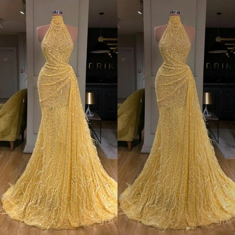 Glitter Yellow Mermaid Evening Dresses For Women Party Wear Sexy High-neck Sequins Feather Prom Dress Sweep Train Special Occasion Gowns Bride Recption Dress