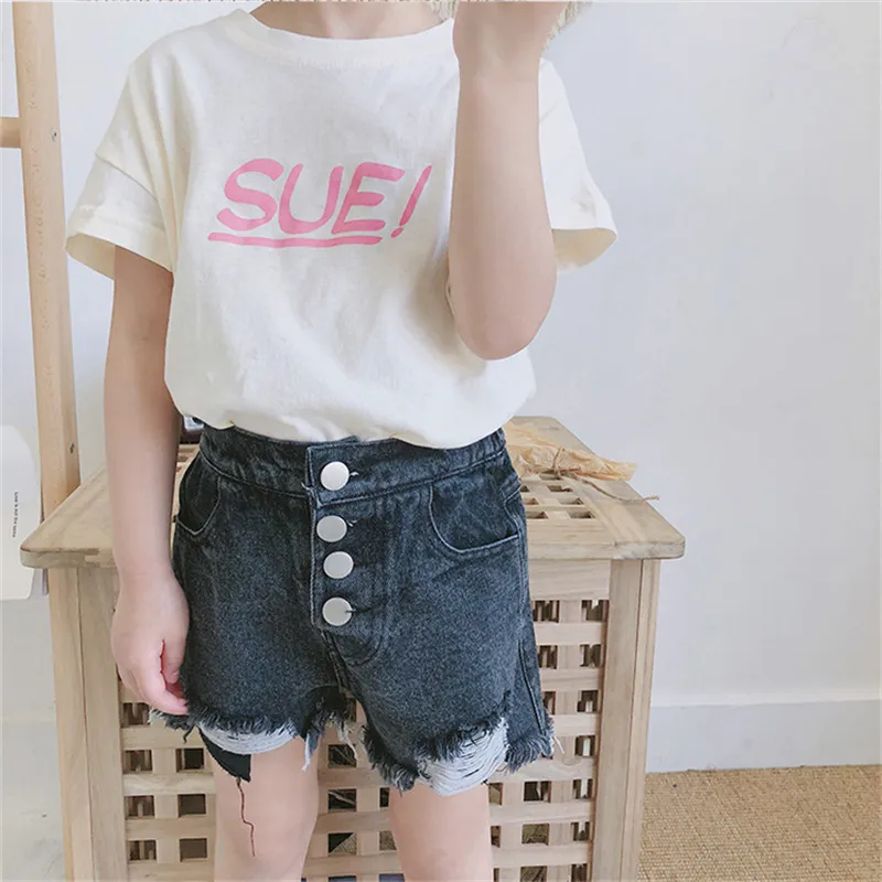 SK ins crianças menina jeans shorts furo bolsos estilo verão crianças jeans pantalones curtos cortos crianças quente calça 215 z2