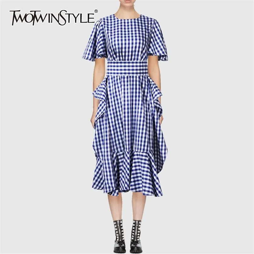 Elegant Side Split Dress For Women O Neck Short Sleeve High Waist Plaid Dresses Female Fashion Clothing 210520