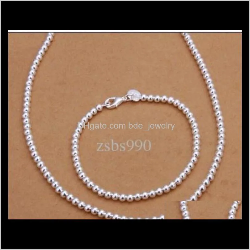 high quality 925 silver 4mm beads chain necklace bracelet fashion jewelry set dff0730